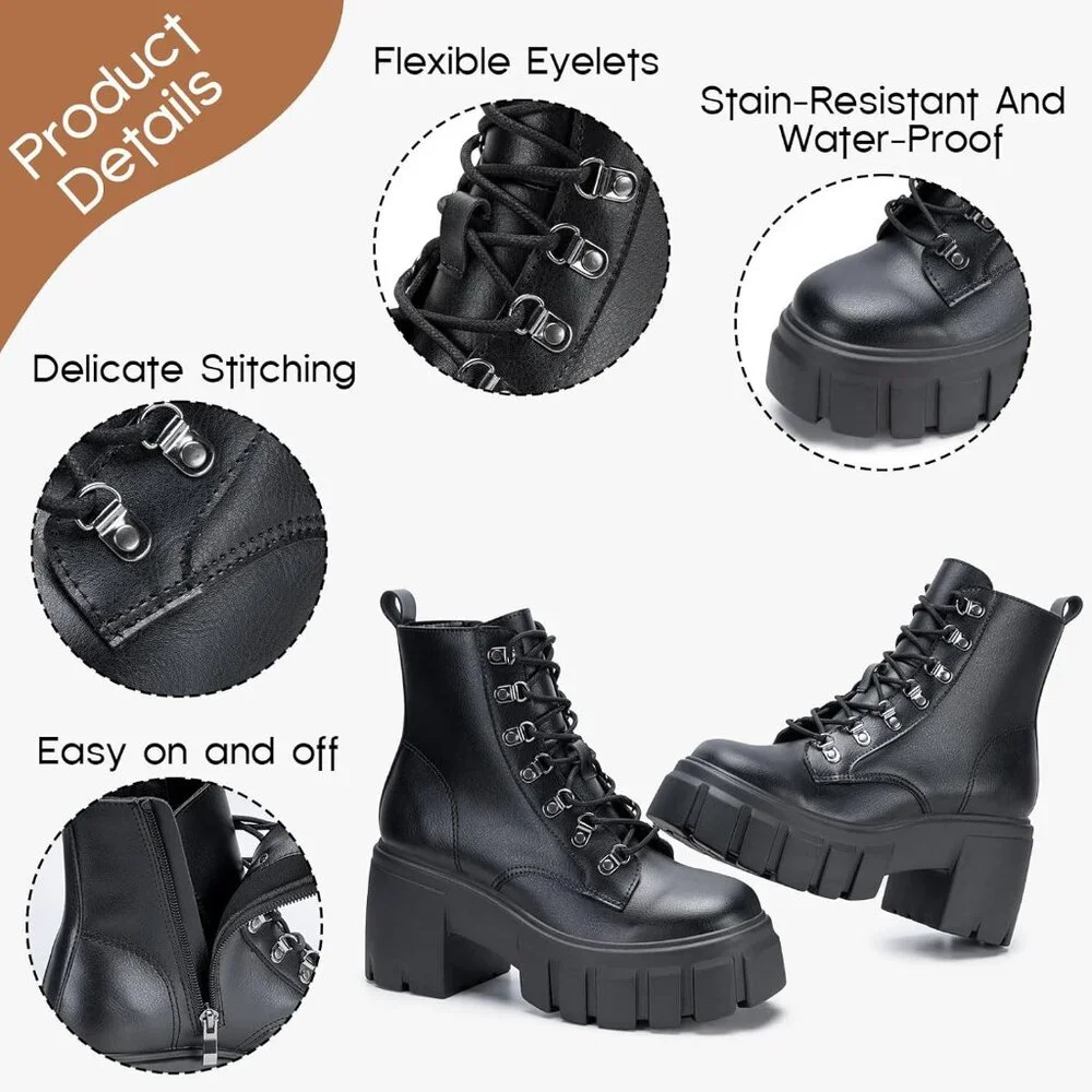 Women’s Combat Black Lace up Side Zipper High Heel Chunky Ankle Lug Sole Booties - Picture 3 of 6